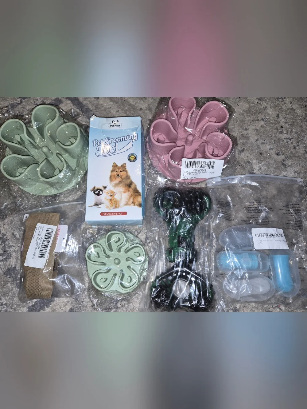 Dog Pet Grooming Slow Feeder Puzzle Toys, Collars, Tooth Brushes - Green & Pink